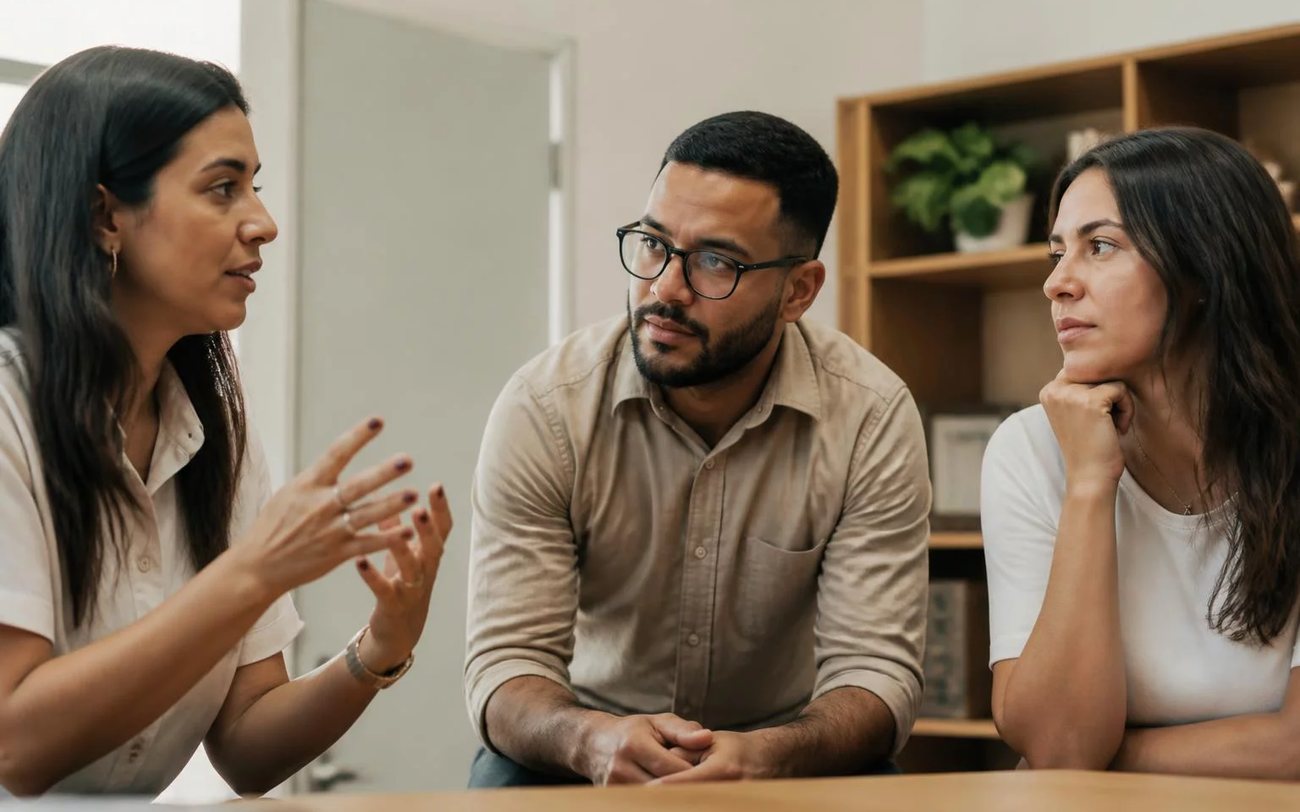 Roda de conversa numa sala clara, com uma pessoa expondo o ponto e duas escutando