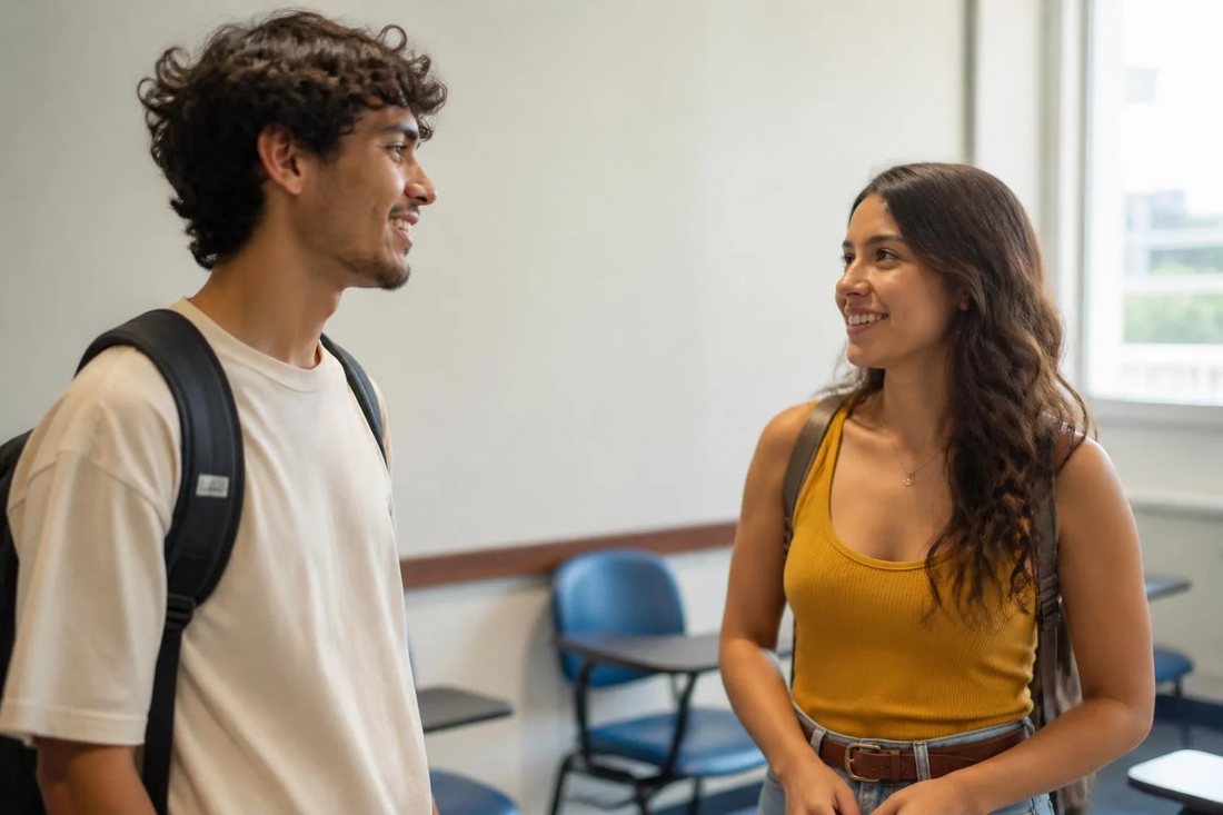 Dois estudantes de mochila continuam a discussão no corredor depois da sessão