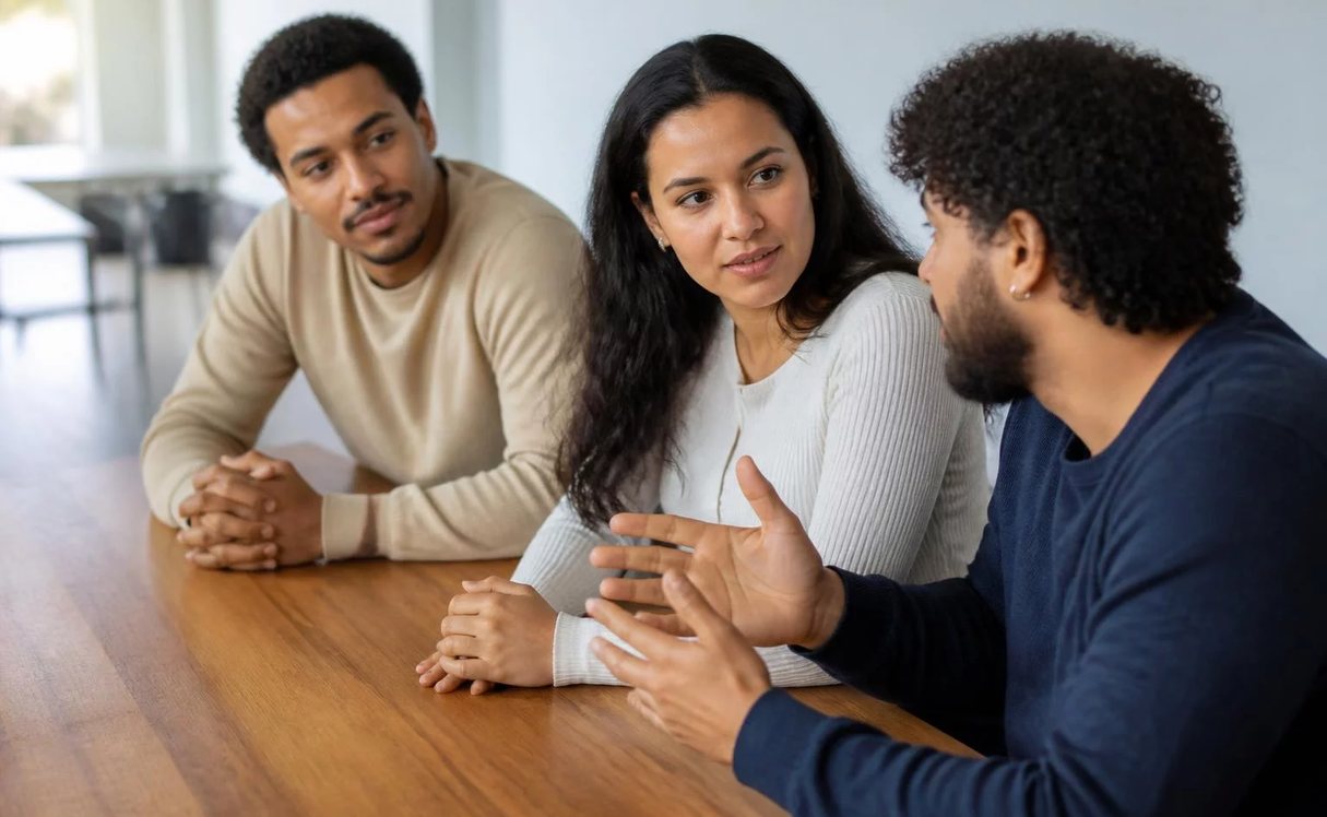 Três participantes conversam ao redor de uma mesa comprida numa sala clara de janelas altas
